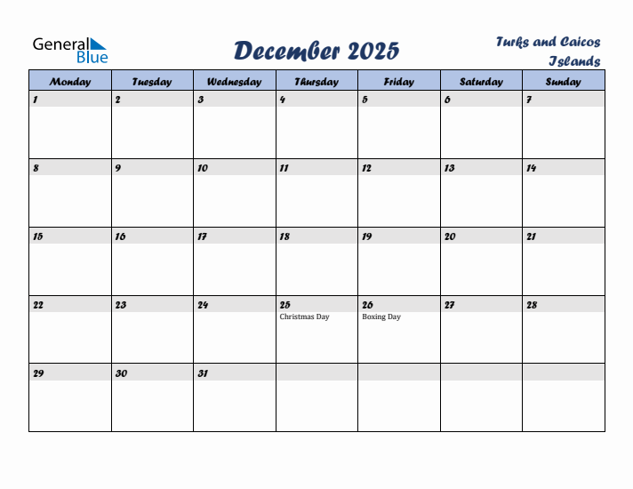 December 2025 Calendar with Holidays in Turks and Caicos Islands