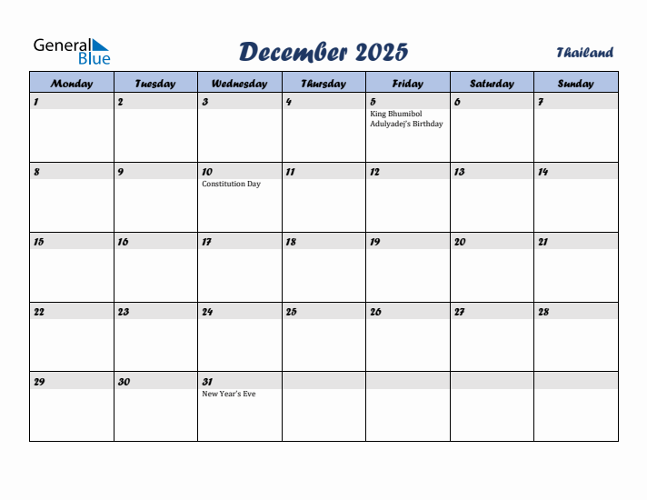 December 2025 Calendar with Holidays in Thailand