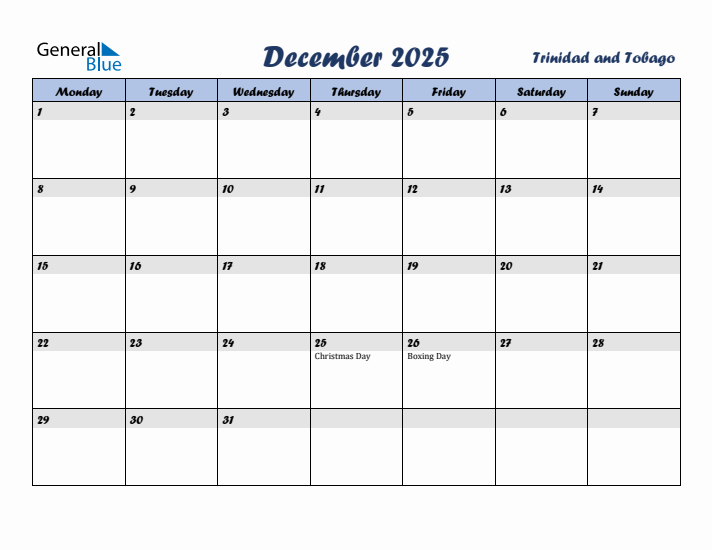 December 2025 Calendar with Holidays in Trinidad and Tobago