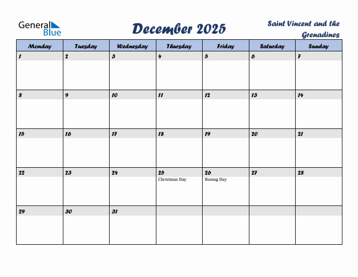 December 2025 Calendar with Holidays in Saint Vincent and the Grenadines
