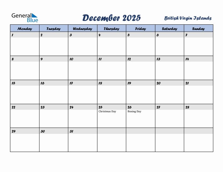 December 2025 Calendar with Holidays in British Virgin Islands