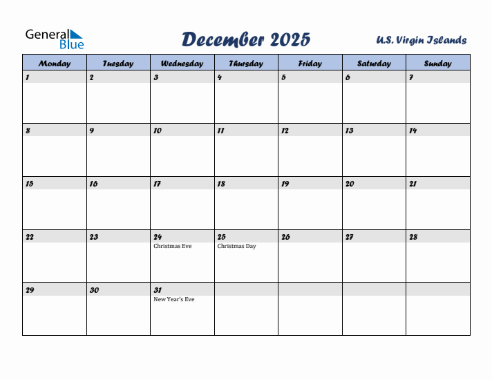 December 2025 Calendar with Holidays in U.S. Virgin Islands
