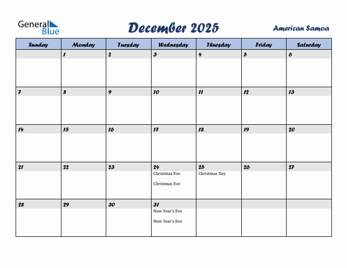 December 2025 Calendar with Holidays in American Samoa