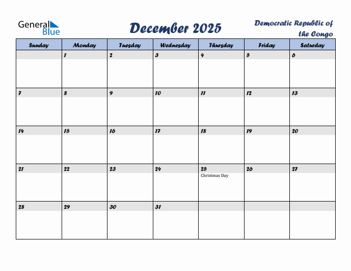 December 2025 Calendar with Holidays in Democratic Republic of the Congo