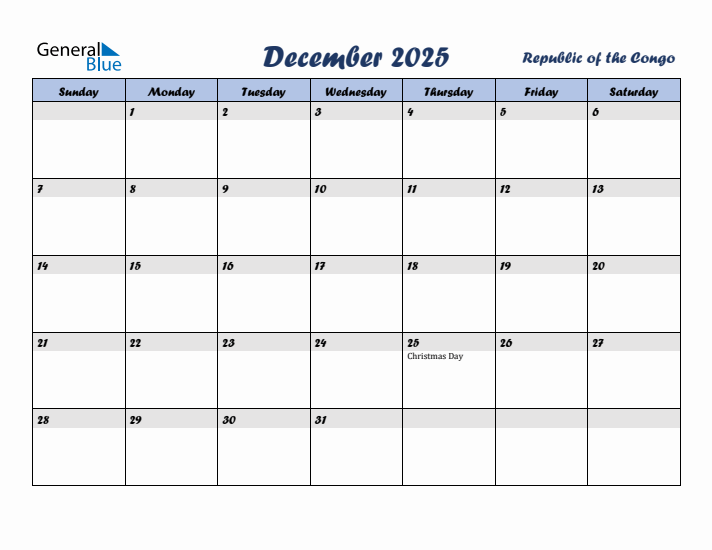 December 2025 Calendar with Holidays in Republic of the Congo