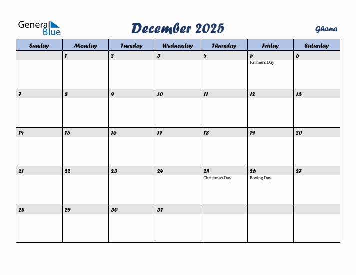 December 2025 Calendar with Holidays in Ghana