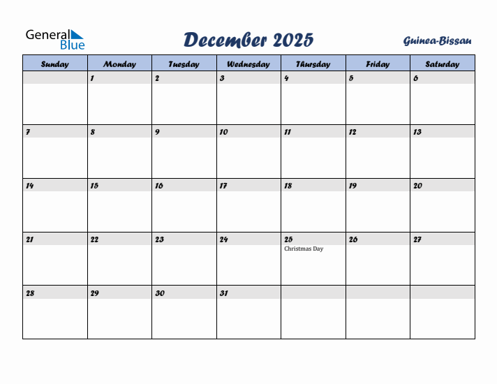 December 2025 Calendar with Holidays in Guinea-Bissau