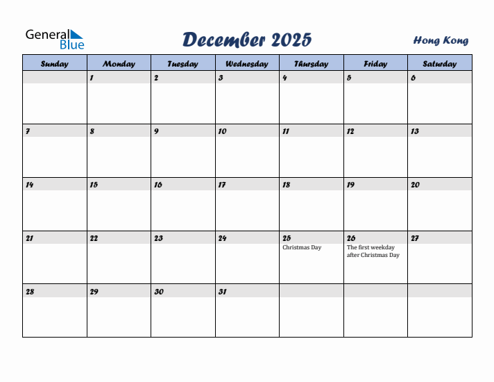 December 2025 Calendar with Holidays in Hong Kong