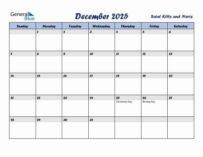 December 2025 Calendar with Holidays in Saint Kitts and Nevis