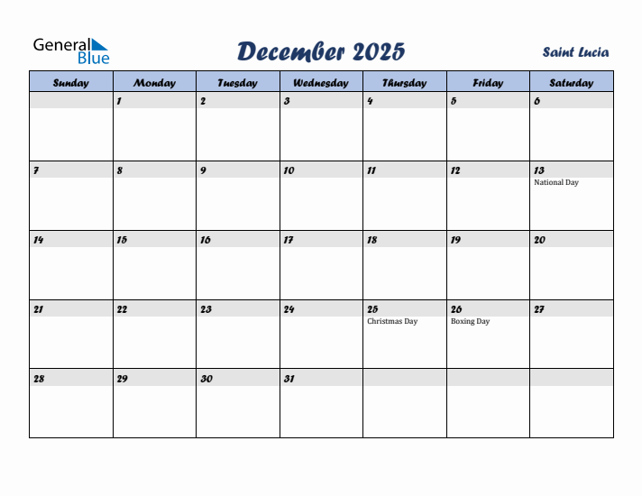 December 2025 Calendar with Holidays in Saint Lucia