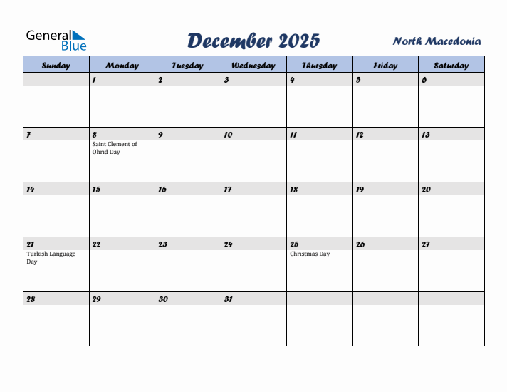 December 2025 Calendar with Holidays in North Macedonia