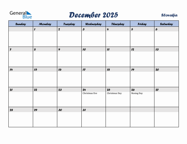 December 2025 Calendar with Holidays in Slovakia