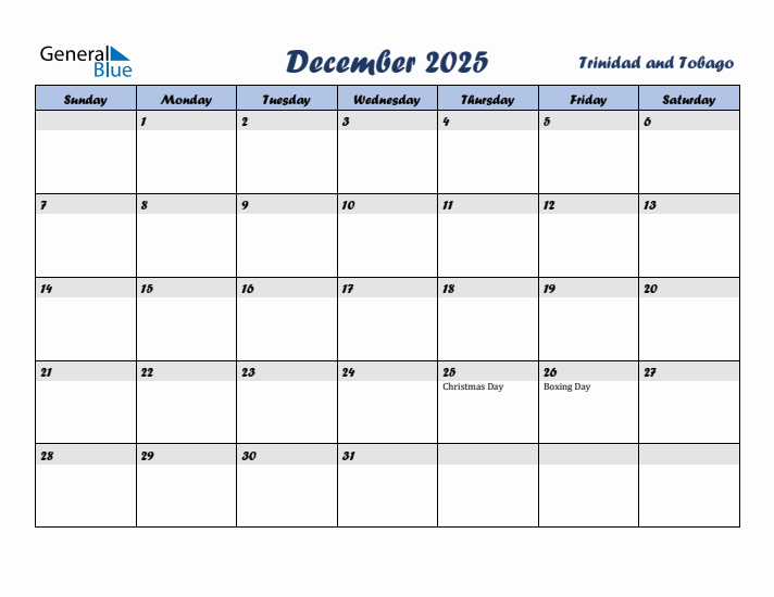 December 2025 Calendar with Holidays in Trinidad and Tobago