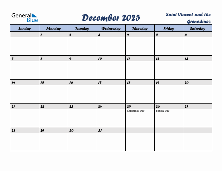 December 2025 Calendar with Holidays in Saint Vincent and the Grenadines