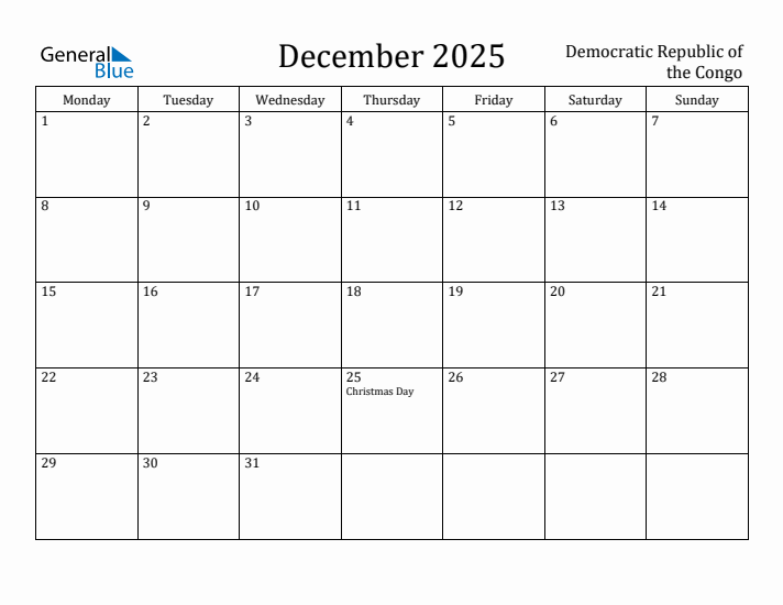 December 2025 Calendar Democratic Republic of the Congo