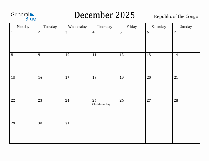 December 2025 Calendar Republic of the Congo