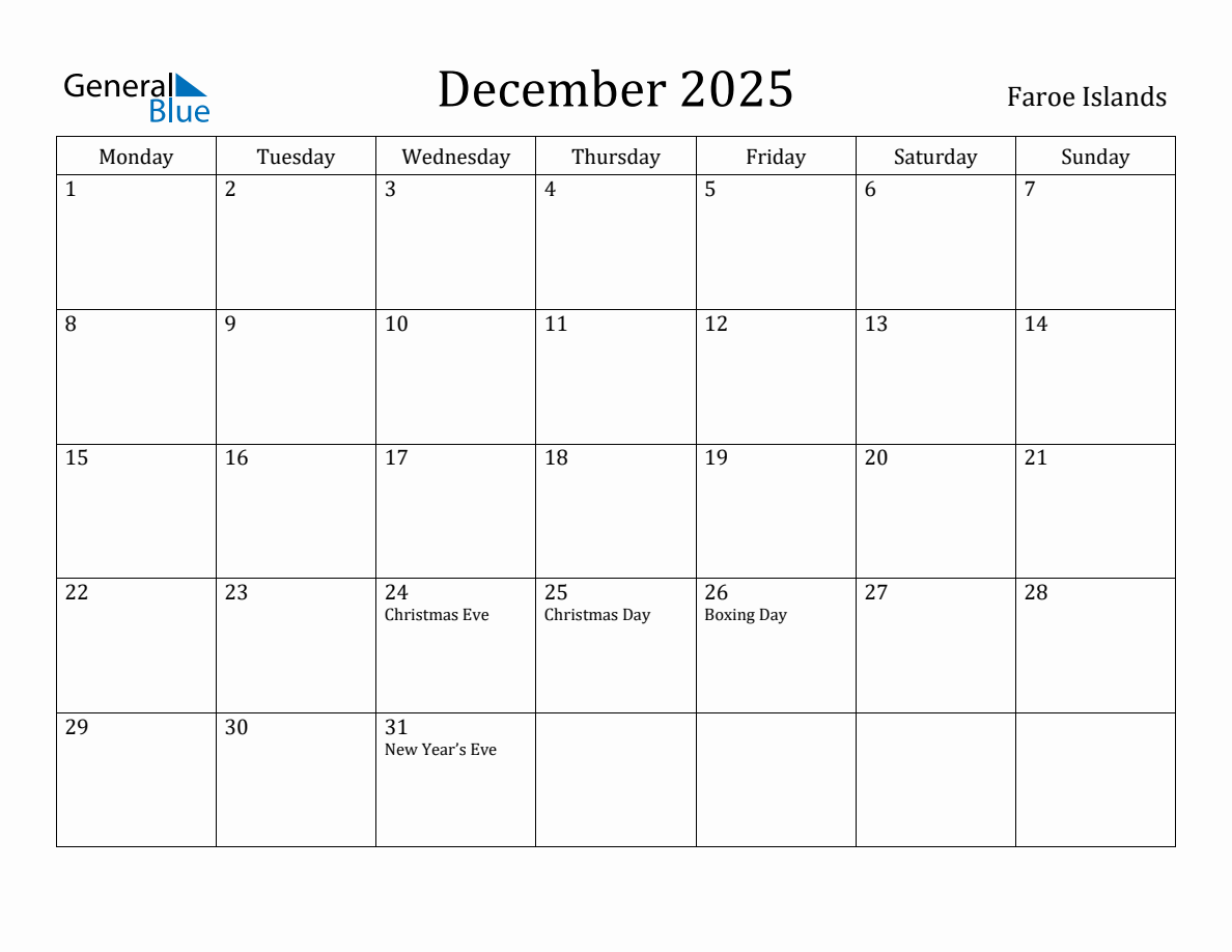 Faroe Islands Monthly Calendar - December 2025 (Monday Start)