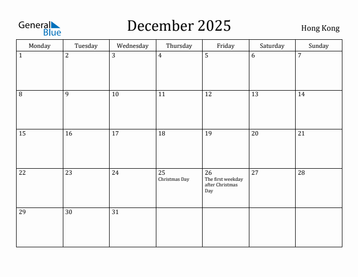 December 2025 Calendar Hong Kong
