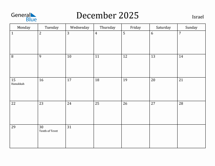 December 2025 Calendar Israel