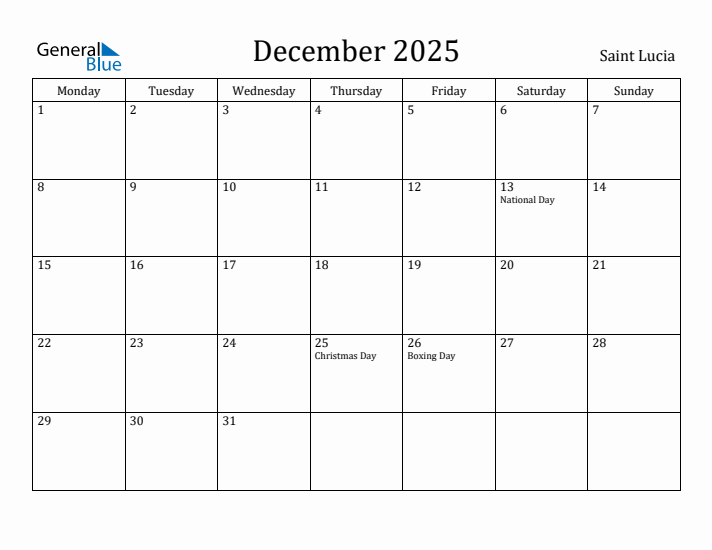 December 2025 Calendar Saint Lucia