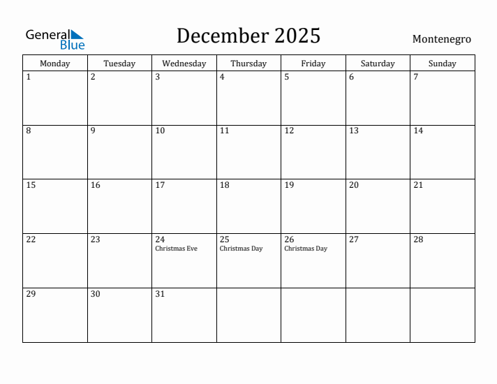 December 2025 Calendar Montenegro