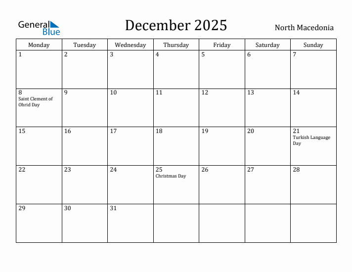 December 2025 Calendar North Macedonia