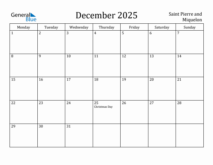 December 2025 Calendar Saint Pierre and Miquelon