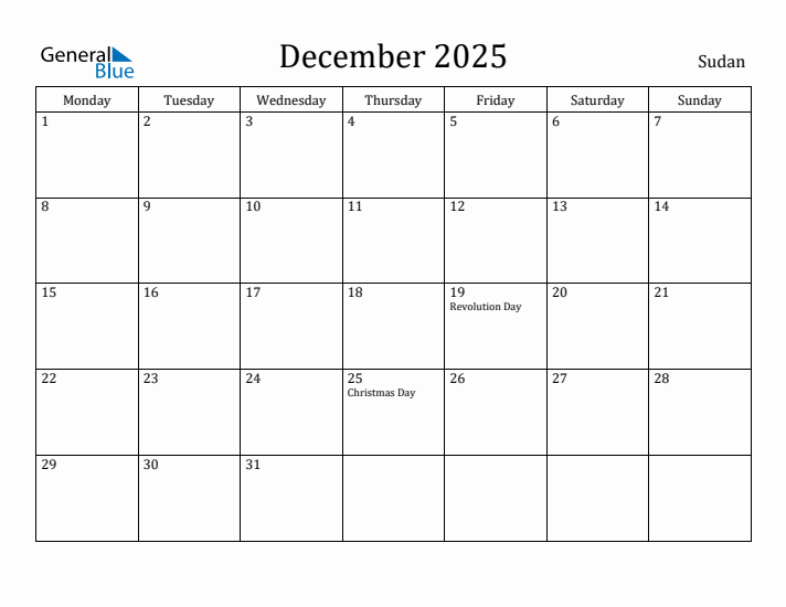 December 2025 Calendar Sudan