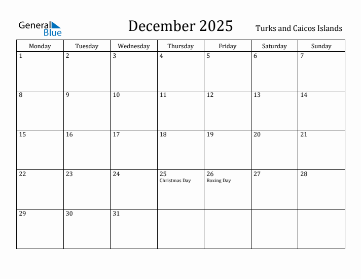 December 2025 Calendar Turks and Caicos Islands