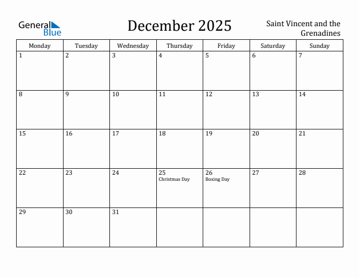 December 2025 Calendar Saint Vincent and the Grenadines
