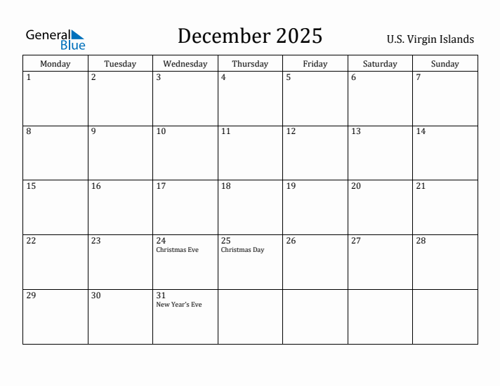 December 2025 Calendar U.S. Virgin Islands