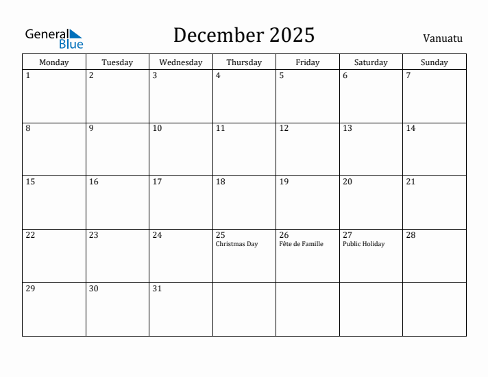 December 2025 Calendar Vanuatu