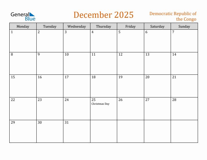 December 2025 Holiday Calendar with Monday Start