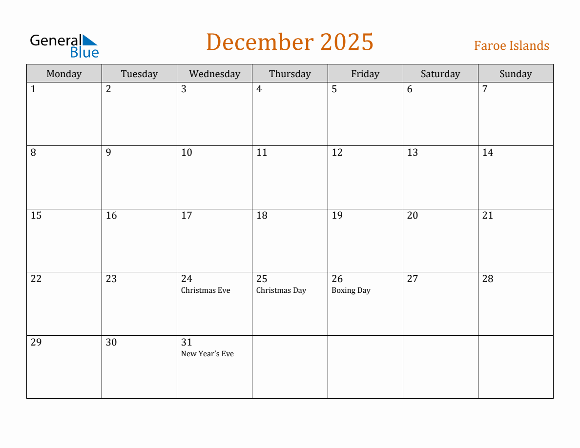 Free December 2025 Faroe Islands Calendar (Monday Start)