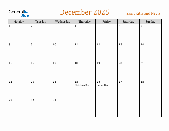 December 2025 Holiday Calendar with Monday Start