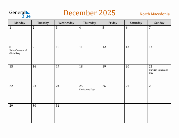 December 2025 Holiday Calendar with Monday Start
