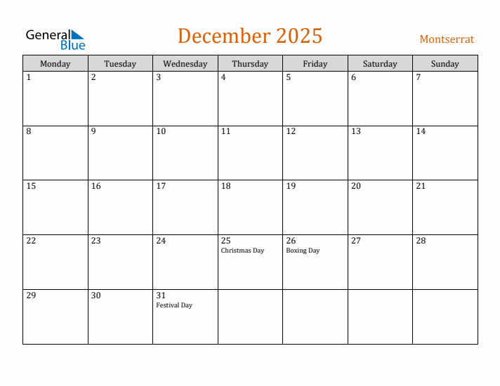 December 2025 Holiday Calendar with Monday Start