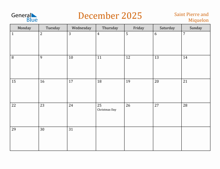 December 2025 Holiday Calendar with Monday Start