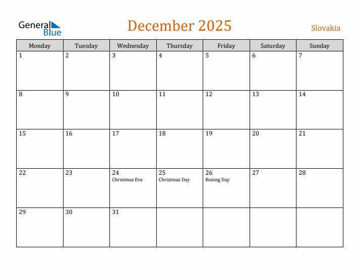 December 2025 Holiday Calendar with Monday Start
