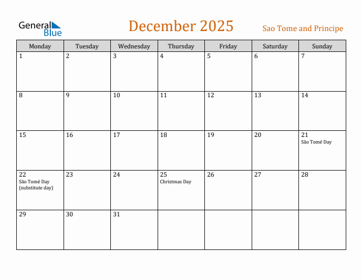 December 2025 Holiday Calendar with Monday Start