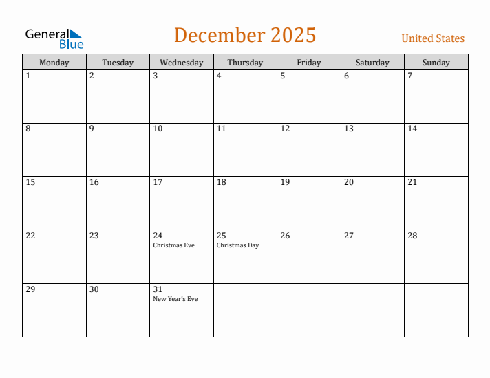 Free December 2025 United States Calendar