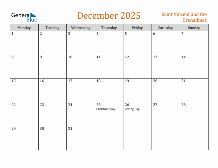 December 2025 Holiday Calendar with Monday Start