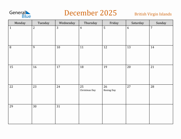 December 2025 Holiday Calendar with Monday Start