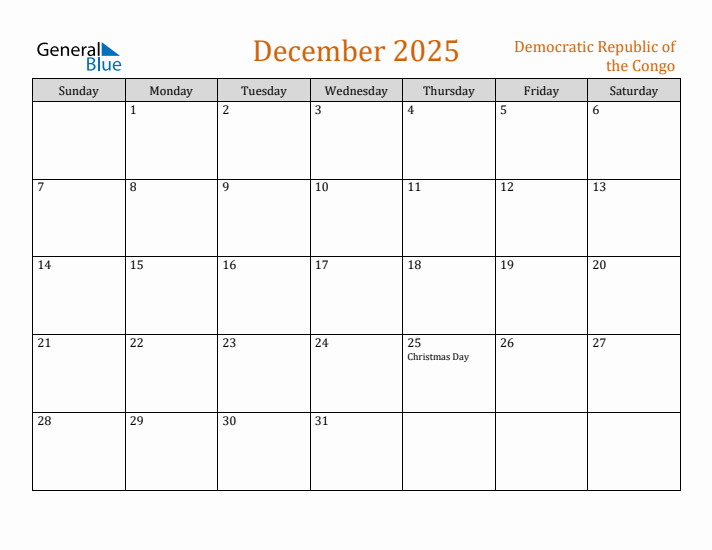 December 2025 Holiday Calendar with Sunday Start