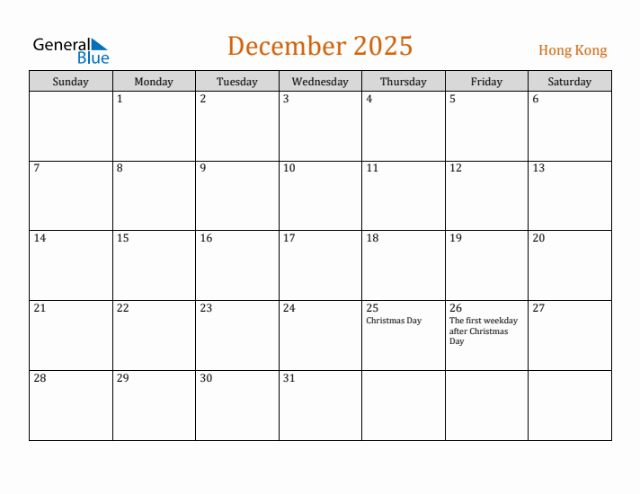 December 2025 Holiday Calendar with Sunday Start