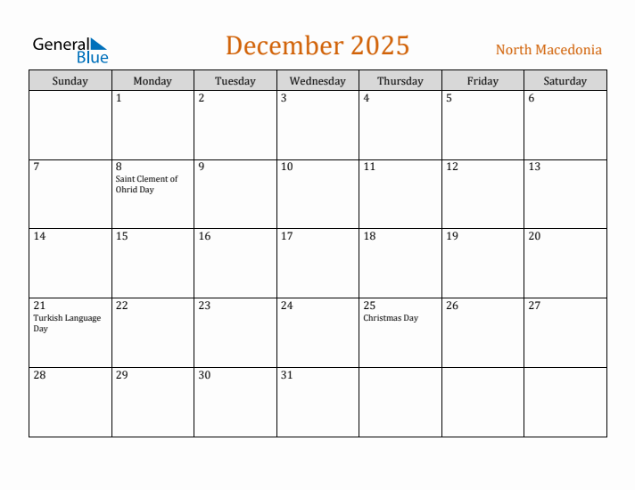 December 2025 Holiday Calendar with Sunday Start