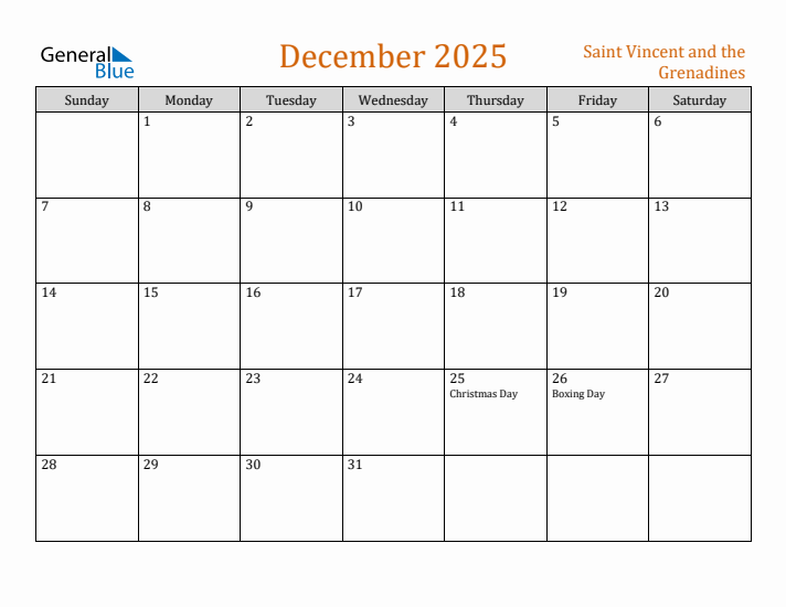 December 2025 Holiday Calendar with Sunday Start