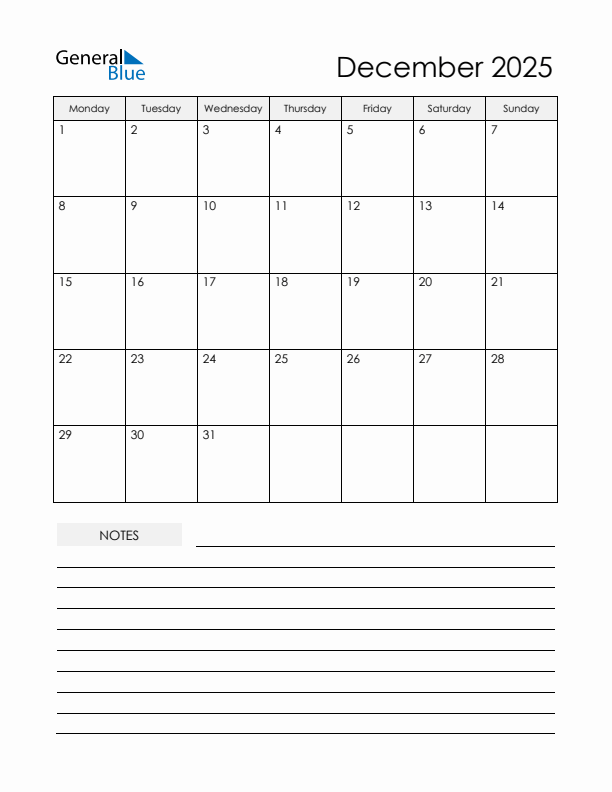 Printable Calendar with Notes - December 2025