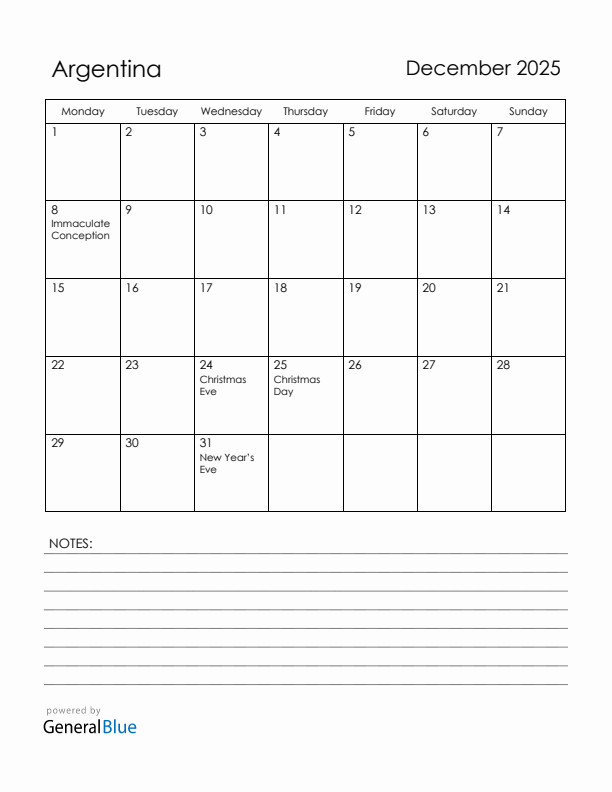 December 2025 Argentina Calendar with Holidays (Monday Start)