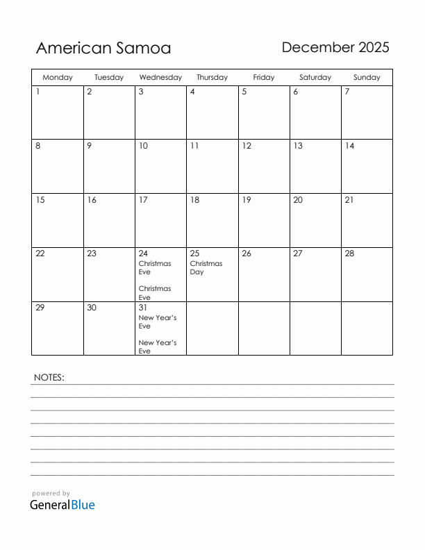 December 2025 American Samoa Calendar with Holidays (Monday Start)